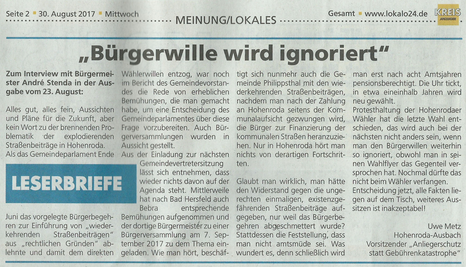 Leserbrief in der Hersfelder Zeitung vom 08.11.2018 - anliegerschutzs