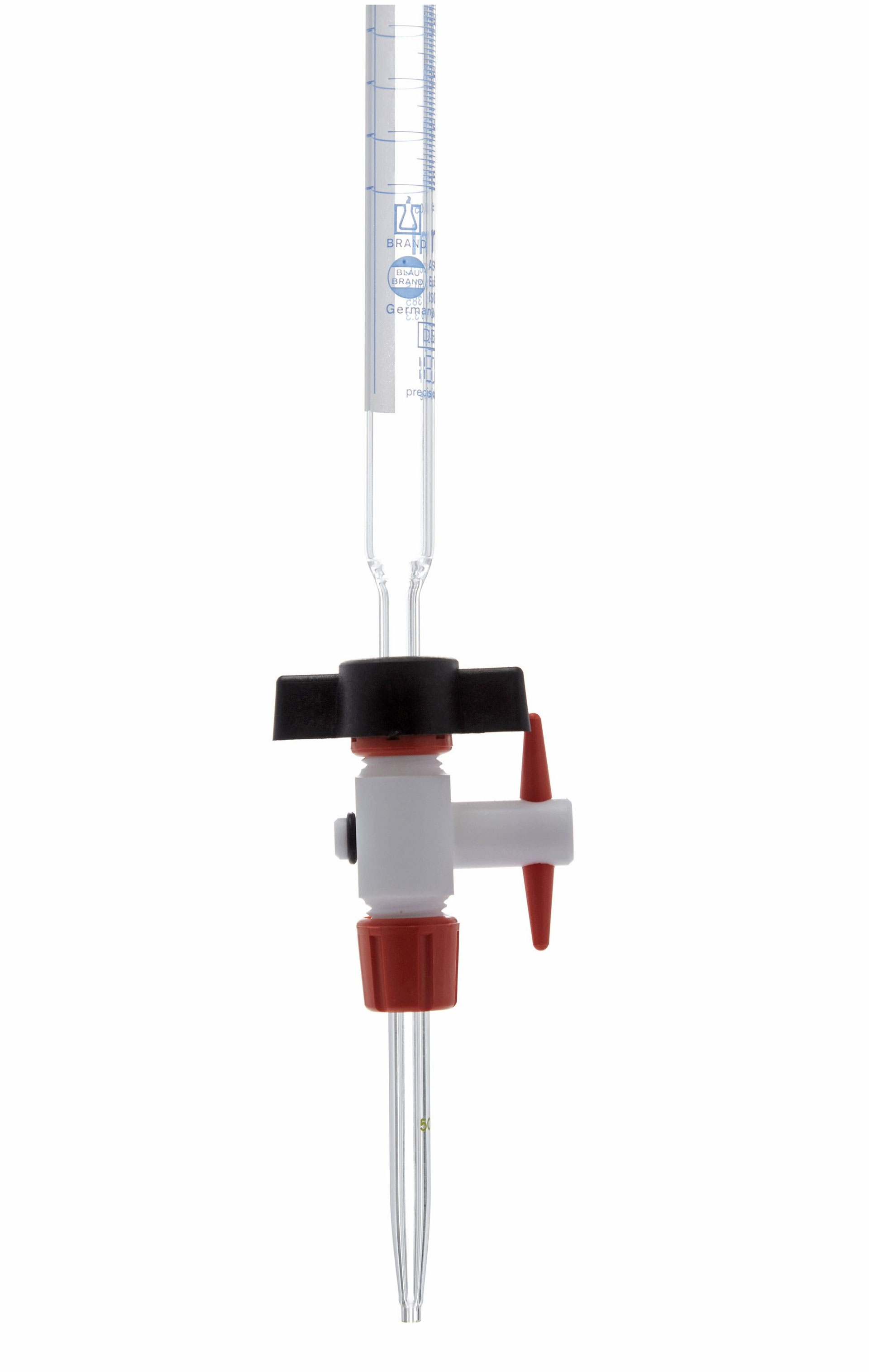 Bureta recta clase AS con llave de PTFE con franja Schellbach 13913