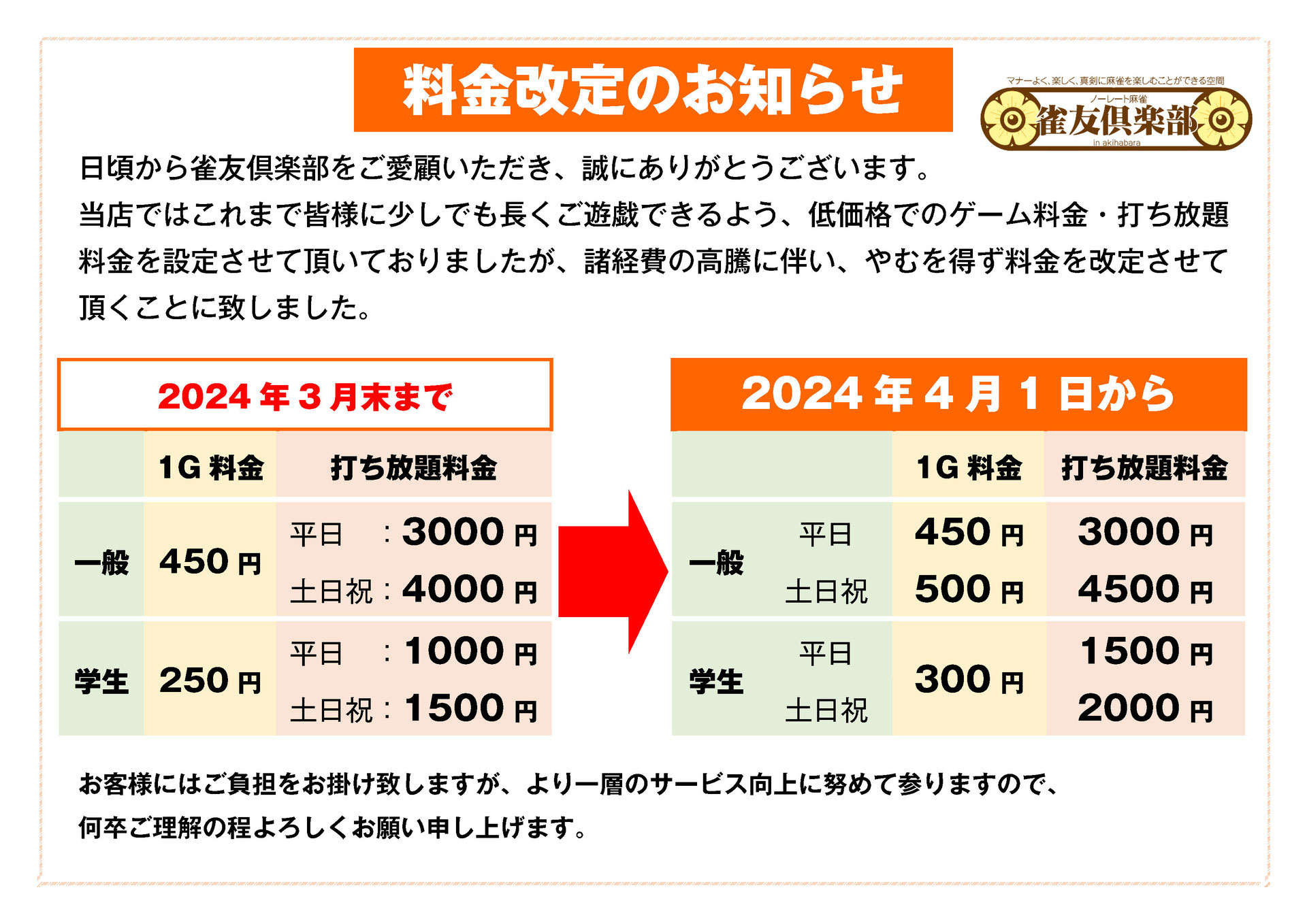 2024年4月からの料金表 Midori料金表 ショップカード 台紙 名刺 2024