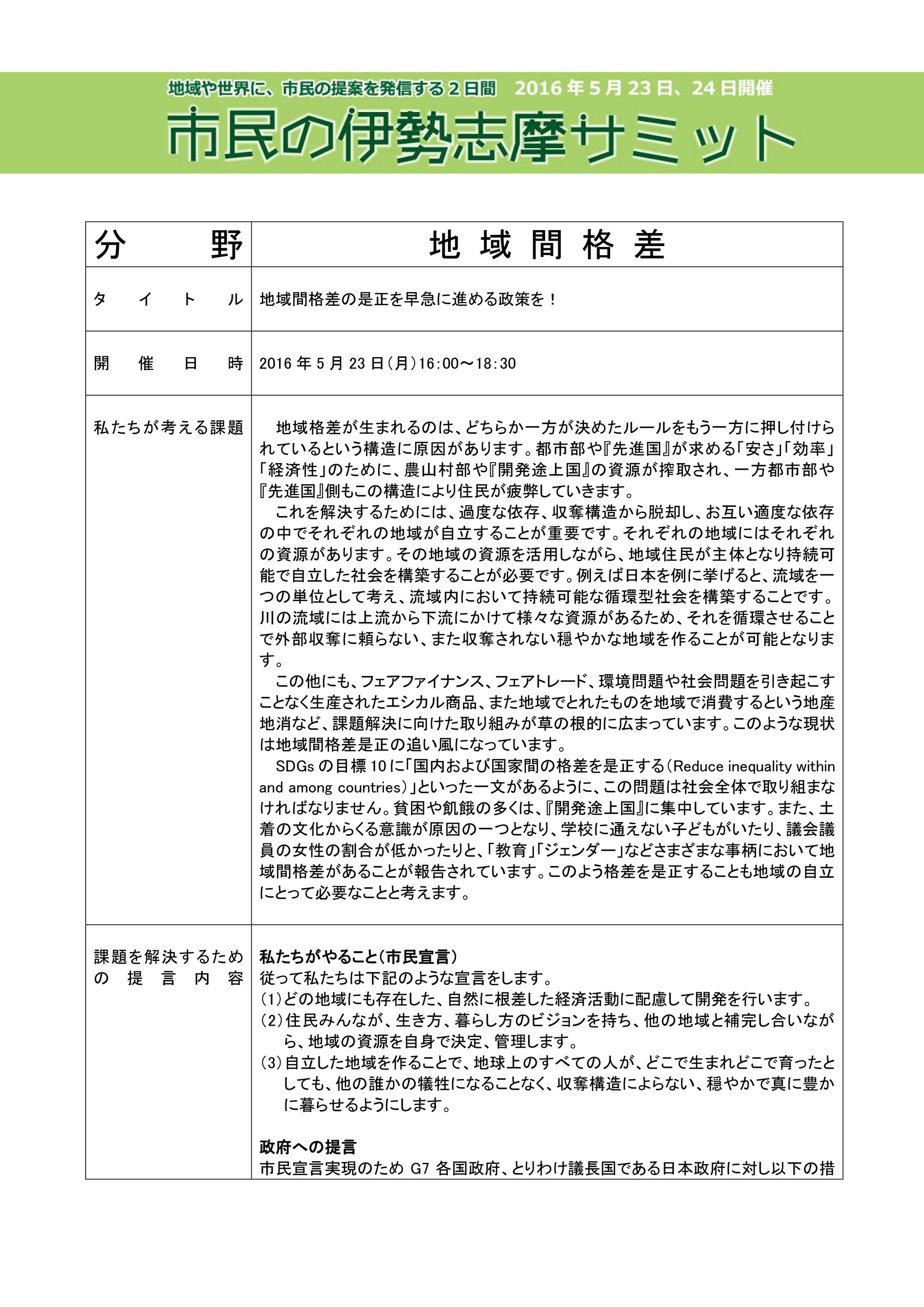 地域間格差 市民の伊勢志摩サミット 東海 市民サミット ネットワーク 地域間格差 市民の伊勢志摩サミット 東海 市民サミット ネットワーク
