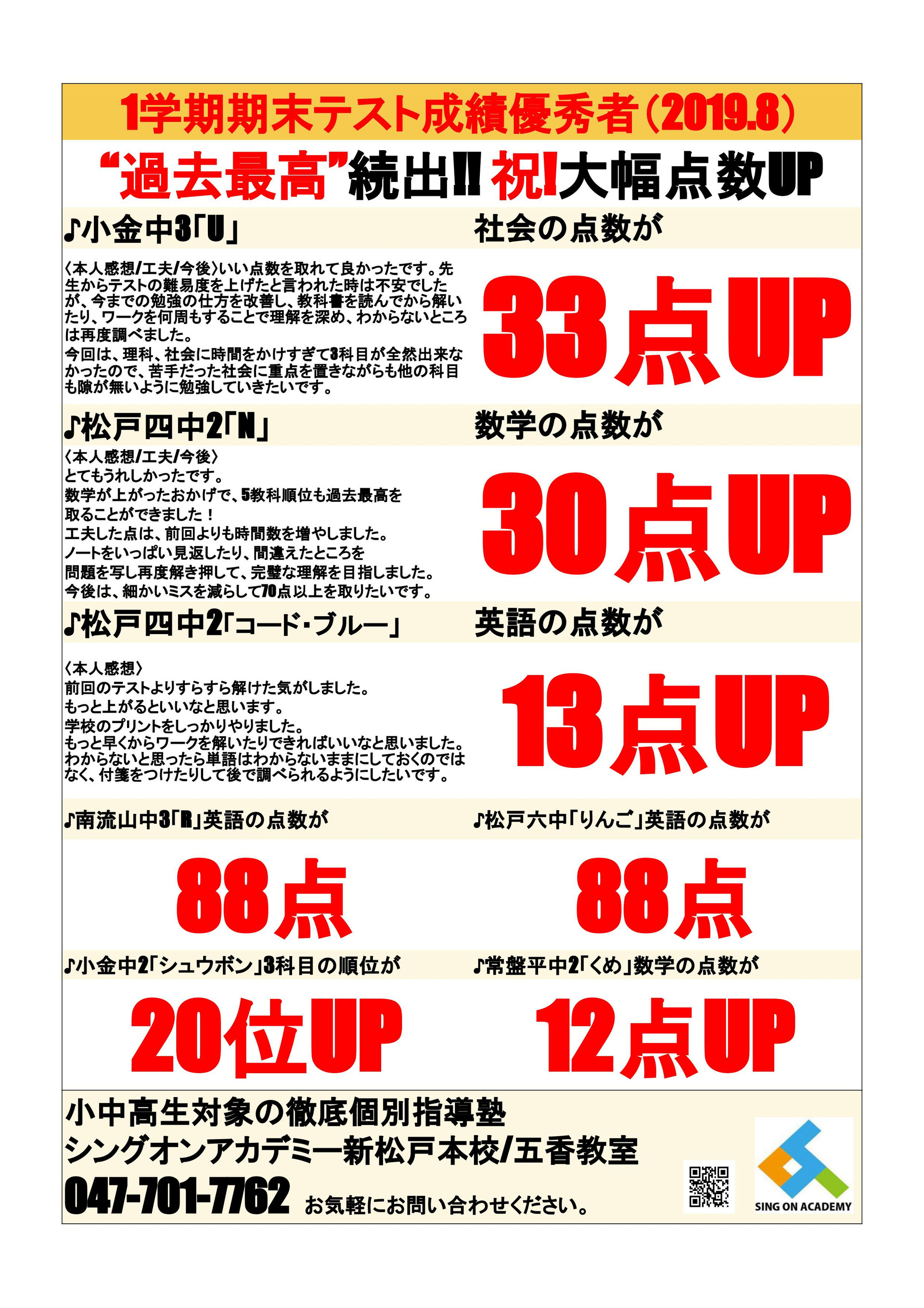 244.中学生1学期期末テスト成績優秀者発表(2019.8) 新松戸の個人塾シングオンアカデミー~小中高生個別指導 244.中学生1学期期末テスト成績優秀者発表(2019.8) 新松戸の個人塾シングオンアカデミー~小中高生個別指導