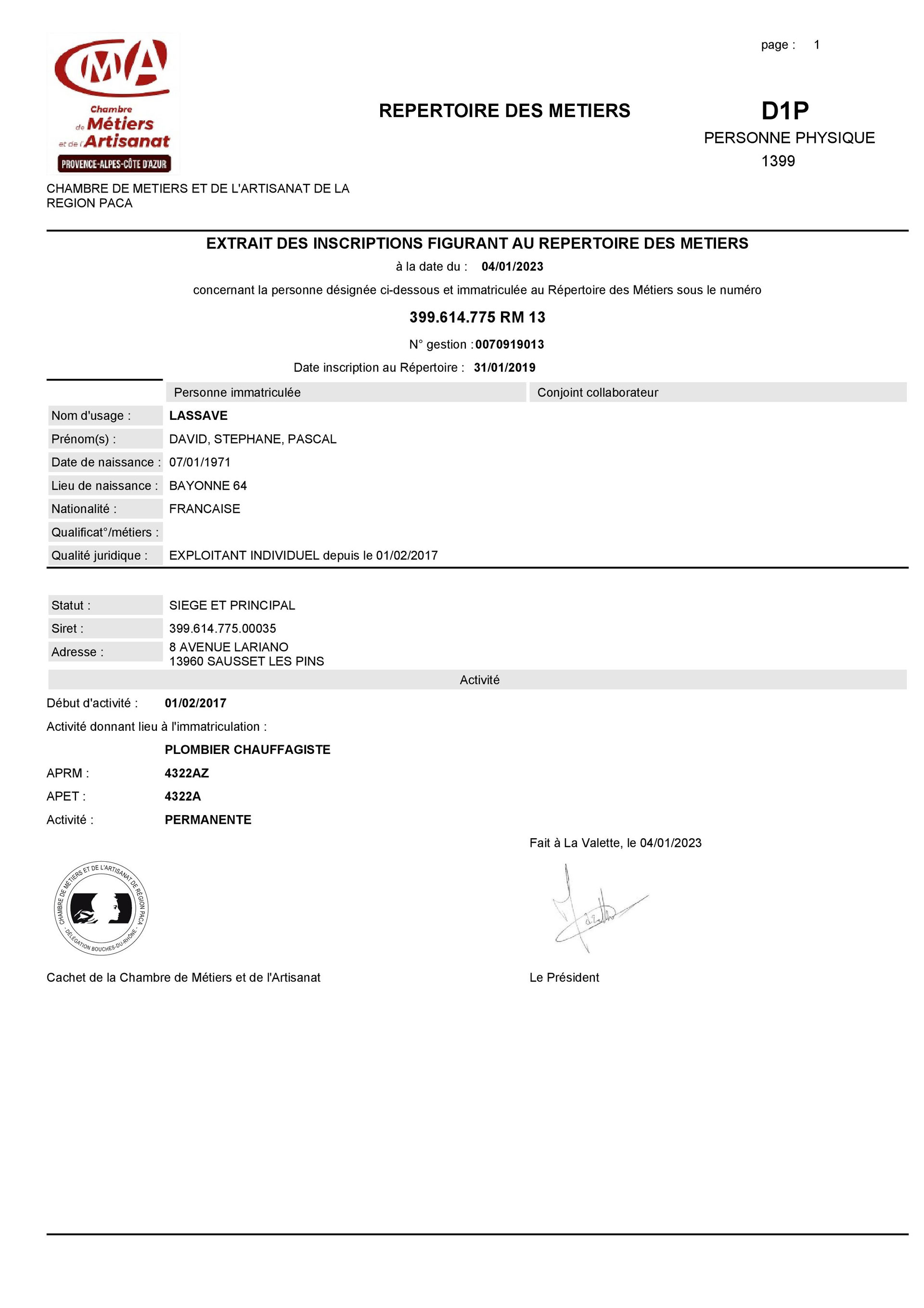 Extrait D1  ENT LASSAVE Plomberie Chauffage Climatisation Electricité