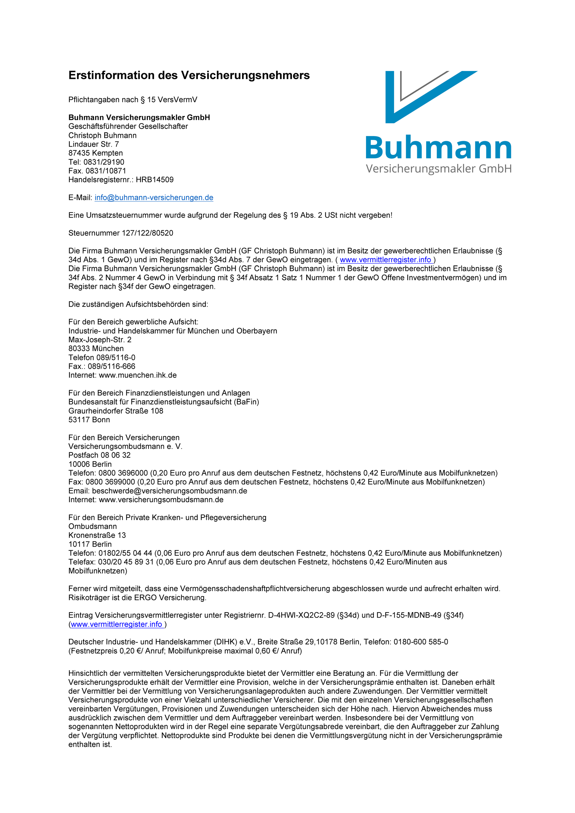 Erstinformation Versicherungsnehmer - Christoph Buhmann freier ...