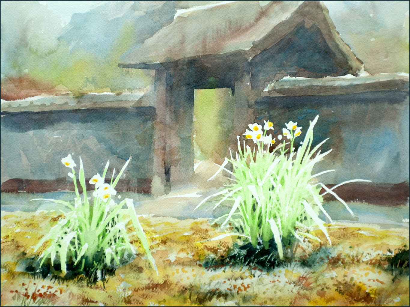 絵画「水明のころ～ 雨の日の代掻き作業」　水彩画 絵画】「水明のころ～雨の日の代かき作業」 水彩画