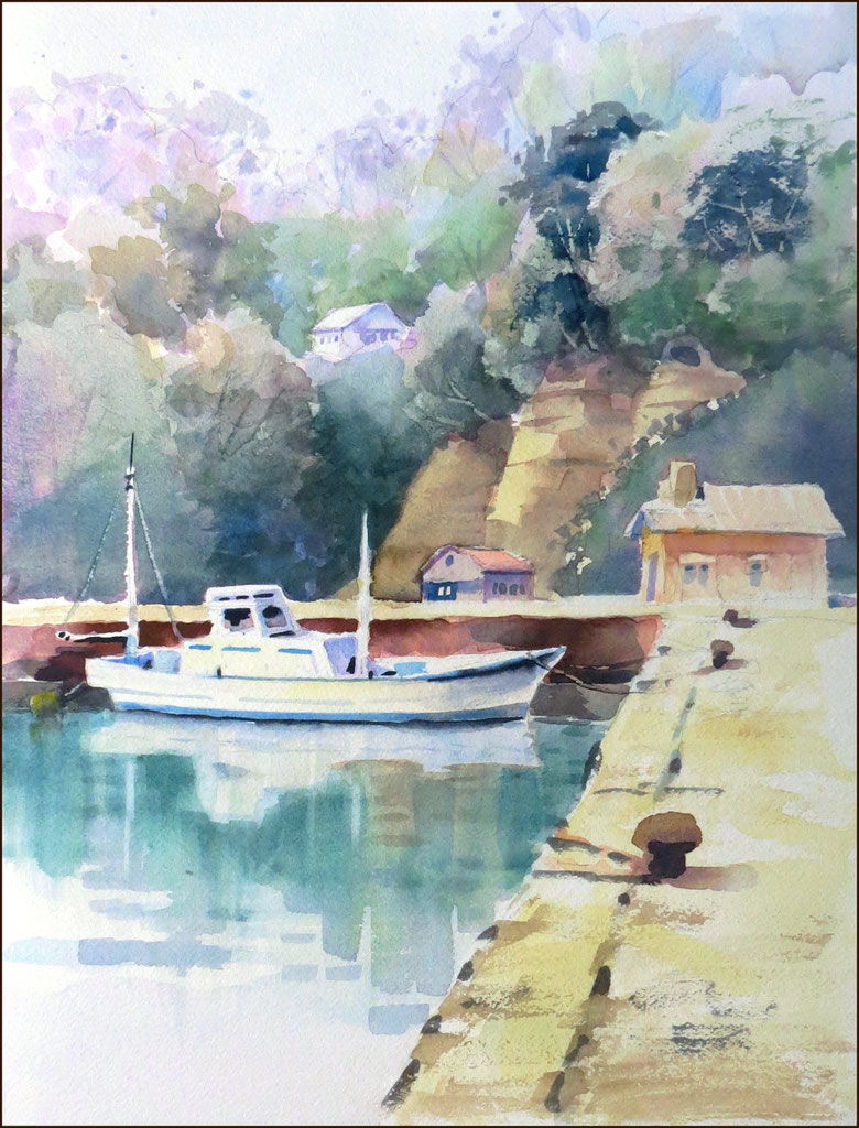 絵画「静かな漁港の昼さがり」　水彩画 絵画「静かな漁港の昼さがり」水彩画