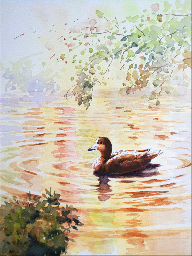 絵画「鴨の池の午後」水彩画