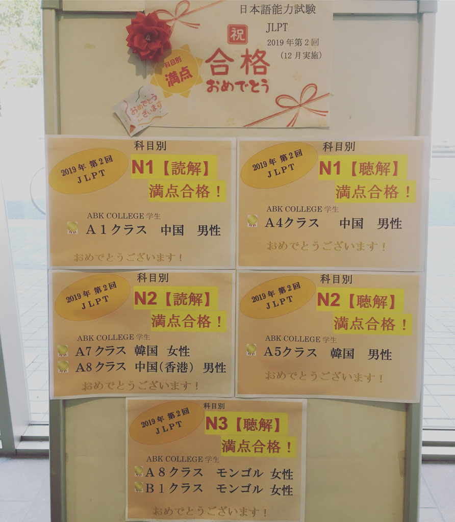 2019年 第2回 Jlpt満点合格 Full Marks On Jlpt Abk College Japanese Language School