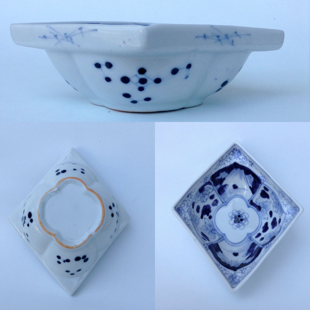 古伊万里 江戸中期色絵金彩染付 なます皿 花リム鉢 古道具