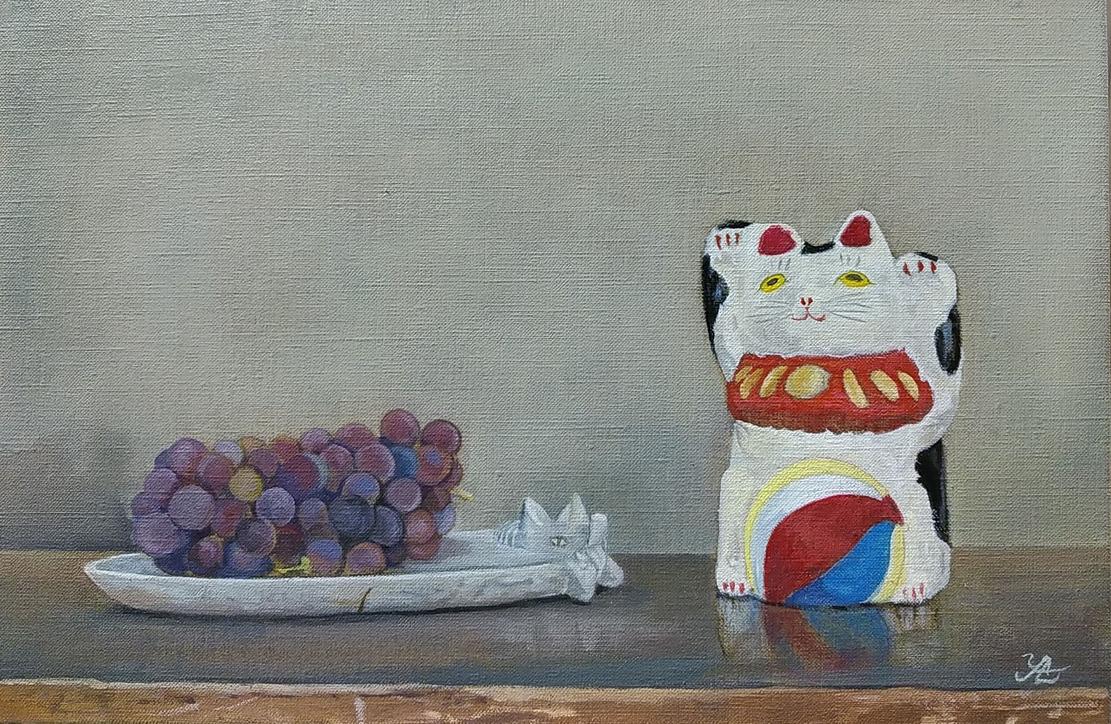 キャンバス油絵　自分の子どものころの写真を見るにゃんこたち キャンバス油絵 自分の子どものころの写真を見るにゃんこたち