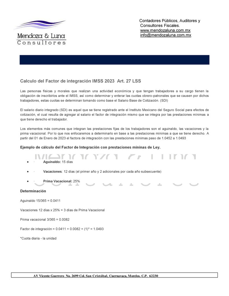 Calculo del Factor de integración IMSS 2023 Art. 27 LSS - Mendoza & Luna  Contadores