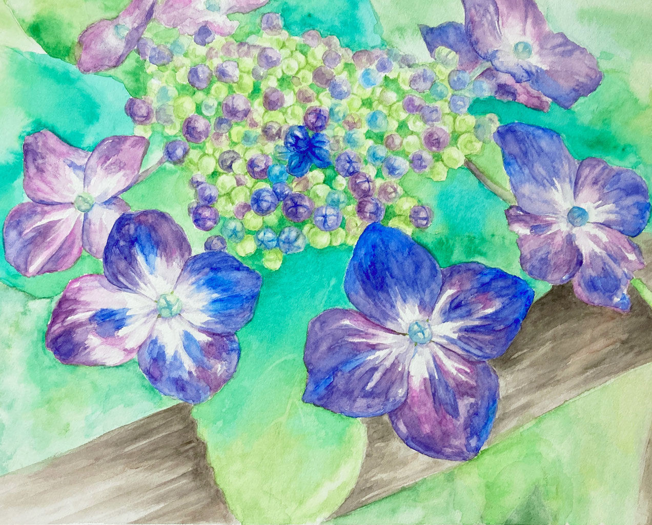 絵画 手描きイラスト 美人画 水彩画 原画 浴衣 眼鏡 紫陽花