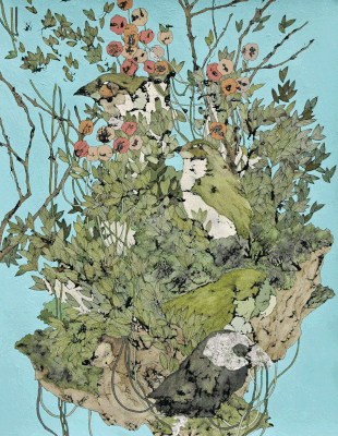 小鳥と島の断片　2017年　アクリル、インク、紙　41cm×31.5cm
