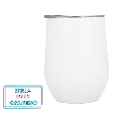 Código T 194 FLUBBER Termo de acero inoxidable con doble pared que brilla en la oscuridad con tapa de cierre a presión transparente. Material: Acero Inoxidable Capacidad: 350 ml.  Medidas del producto Alto: 12.0 cm. Ancho: 8.0 cm. 