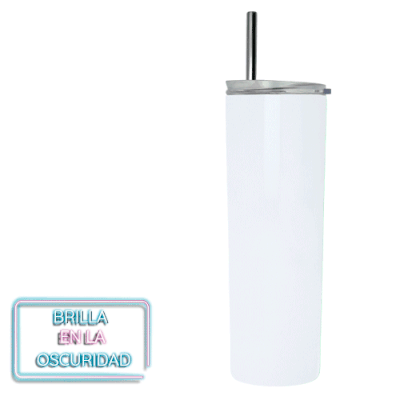Código T 195 Termo de acero inoxidable con con doble pared, brilla en la oscuridad. Incluye tapa de plástico a presión con boquilla deslizable y popote de acero inoxidable. Material: Acero Inoxidable Capacidad: 610 ml.  Medidas 21.5 x 7.2 cm 