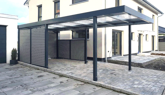 Beispiel-Nr. STC-14    Carport mit Alu-Rhombus-Lattung "blickhemmend" in Sonderfarbe plus Lichtplatte im Dach als Extras