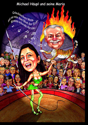 Maria Vassilakou und ihr Tiger Michael Häupl, als Karikatur gezeichnet.