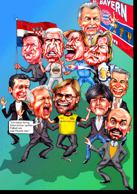 Trainer und Legenden, als Karikatur gezeichnet.
