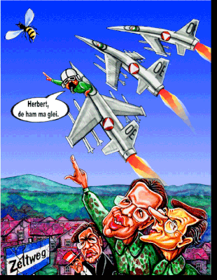 Die österreichische Luftraumüberwachung, als Karikatur gezeichnet.