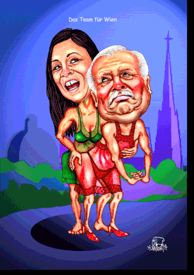 Das Wiener Liebespaar hat sich als Karikatur zeichnen lassen, Maria Vassilakou und Michael Häupl.