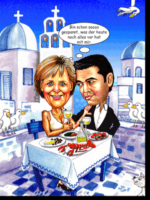 Merkel und Tsipras bei einem sehr privates Dinner.  Lesen Sie den dazu gehörenden Text in meinem Buch „Buntes Treiben“.