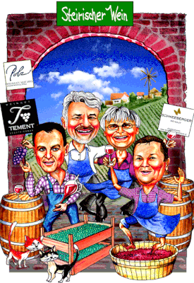 Die steirischen Qualitätswein-Produzenten, als Karikatur gezeichnet.