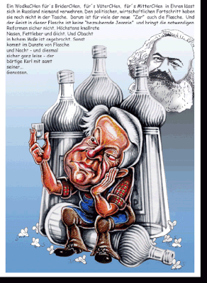 Väterchen Boris Jelzin mit Wodka als Karikatur gezeichnet.
