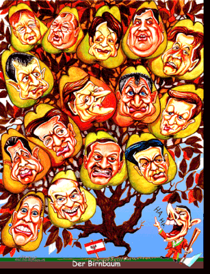 Ein Birnbaum voll Politiker hat sich als Karikatur zeichnen lassen.