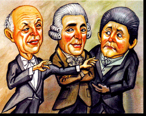 Prof. Alarich Wallner, Josef Haydn und Antonio Salieri als Karikatur gezeichnet.  Lesen Sie die dazu gehörende Geschichte in meinem Buch „Buntes Treiben“.