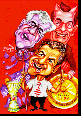 Schoko Schachner mit Stronach, als Karikatur gezeichnet.