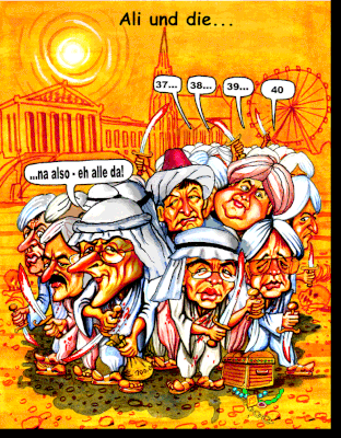 Ali Barber und die 40 Räuber, haben sich als Karikatur zeichnen lassen.