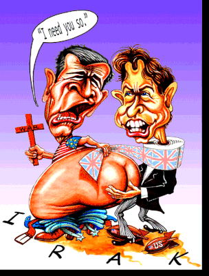 George W. Bush und Tony Blair.  Lesen Sie den dazu gehörenden Text in meinem Buch „Buntes Treiben“.