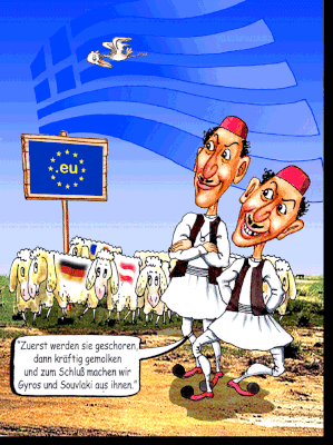 Die griechische Lösung, als Karikatur gezeichnet.
