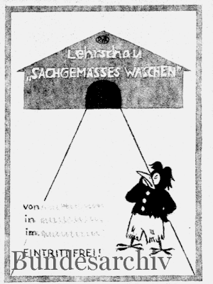 Entwurf für Dauerplakat zur Ankündigung der lehrschau, mit "Dreckspatz", BArch R5002/4.