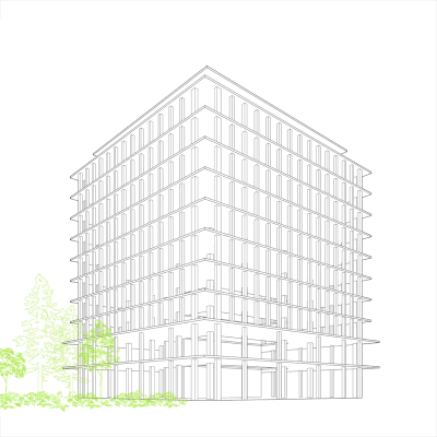 Animated drawing. Facade design for the General Tower in Linz. Ecological redesign with a light white structure and green plants for a better microclimate. 