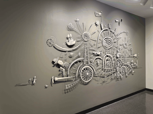 Jalopy. 2025, Acrylic on steel and paper. 7' x 15' x 7"