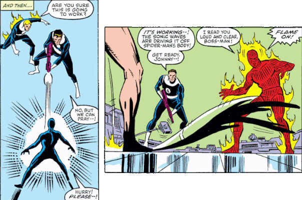 Scène de séparation entre Spider-Man et le symbiote dans The Amazing Spider-Man #258 de 1984
