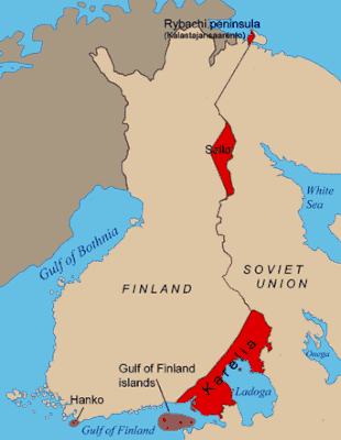 Map of Finland with the red area showing the conflict zones