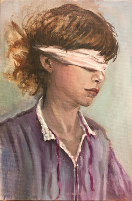 Mit verbundenen Augen 2019 Öl auf Leinwand 30x21