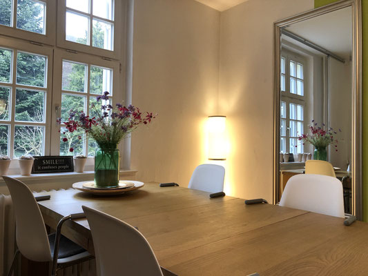 Raum mit großem Holztisch und 8 Stühlen, gemütlich eingerichtet. Ein großer Spiegel an der Wand und Spraßenfenster.