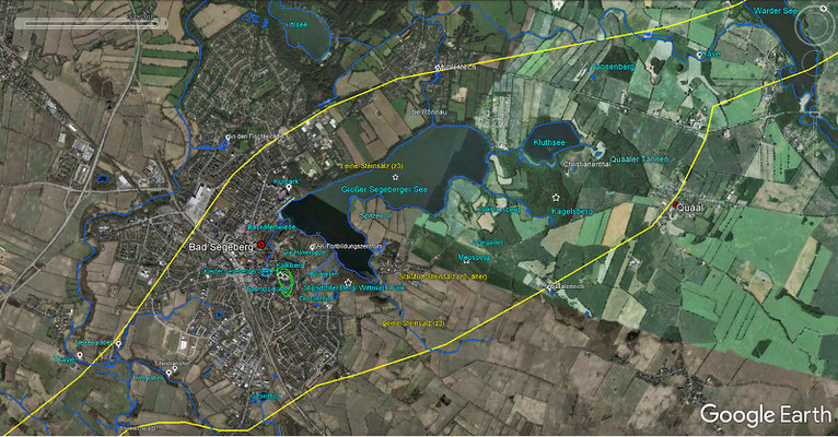 Ortsnamen  Übersicht & Der Salzstock unter Bad Segeberg (gelb) u. Höhenmaxima (Stern) der Geländeoberfläche, Anhydrithärtling Kalkberg-Scholle mit Höhle (grün)