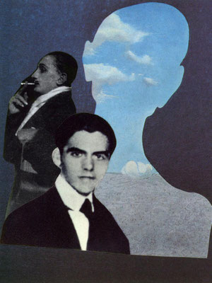 "Portrait of Salvador Dalí and Federico Garcia Lorca with their heads full of clouds" | 2024 | 8x10,5cm in 20,5x28,5cm Nielsen 034_524 Float - mounted with Art Glass | Analog Photo Collage | Edition: 1/1