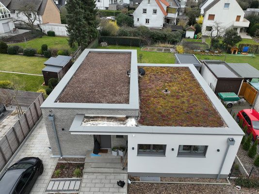 Zwei Dachflächen, ein System: Das Flachdach eines Mindener Einfamilienhauses wurde als Umkehrdach ausgeführt. Die Abdichtung erfolgte mit einem System von Triflex. Eine Hälfte wurde als Kiesdach, die andere als Gründach umgesetzt.