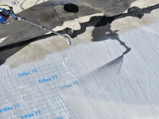 Für die großen Flächen verwendeten die Verarbeiter die Sprüh-Applikationsmaschine Triflex SAM.