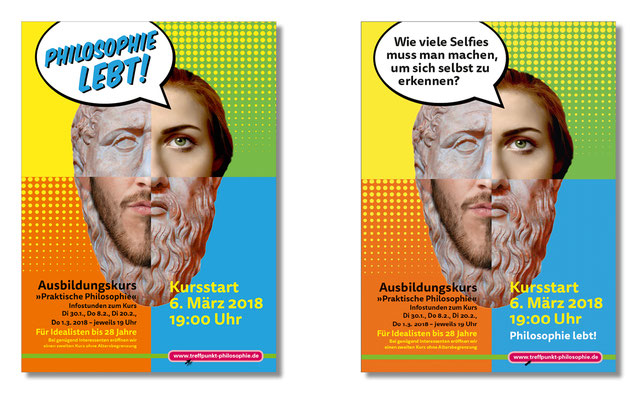 Plakate für U-Bahn zu Bewerbung des Ausbildungskurses von Treffpunkt Philosophie e.V.