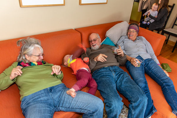 Grandma Kathy, Owen, Grandpa Neil and Grandma Sue slumping.
