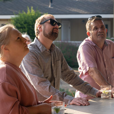 David's 90th birthday party guests - Zoe, Chris and Tim