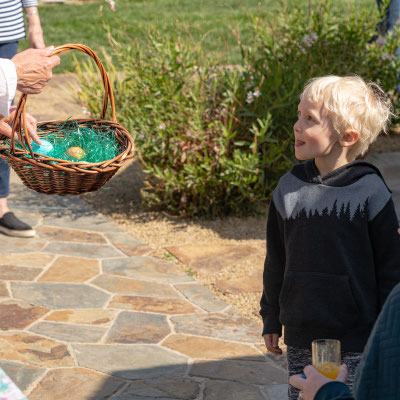 Easter morning - Owen gathering eggs