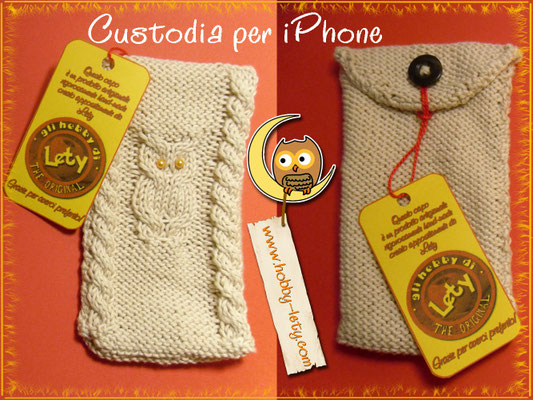 custodia tipo calzino per cellulare con gufetto - schema gufetto: http://www.abchobby.it/hobby/maglia/scaldacolli_gufi_maglia/realizzare_maglia_scaldacollo_gufi.html