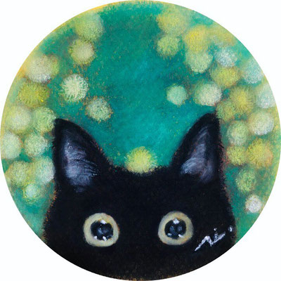 「ミモザと黒猫」100×100mm　パステル画