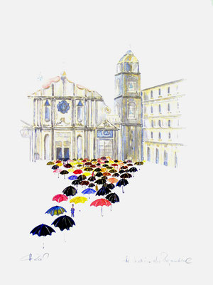 Invasion der Regenschirme in Havanna - Tusche auf Bütten - 70x50